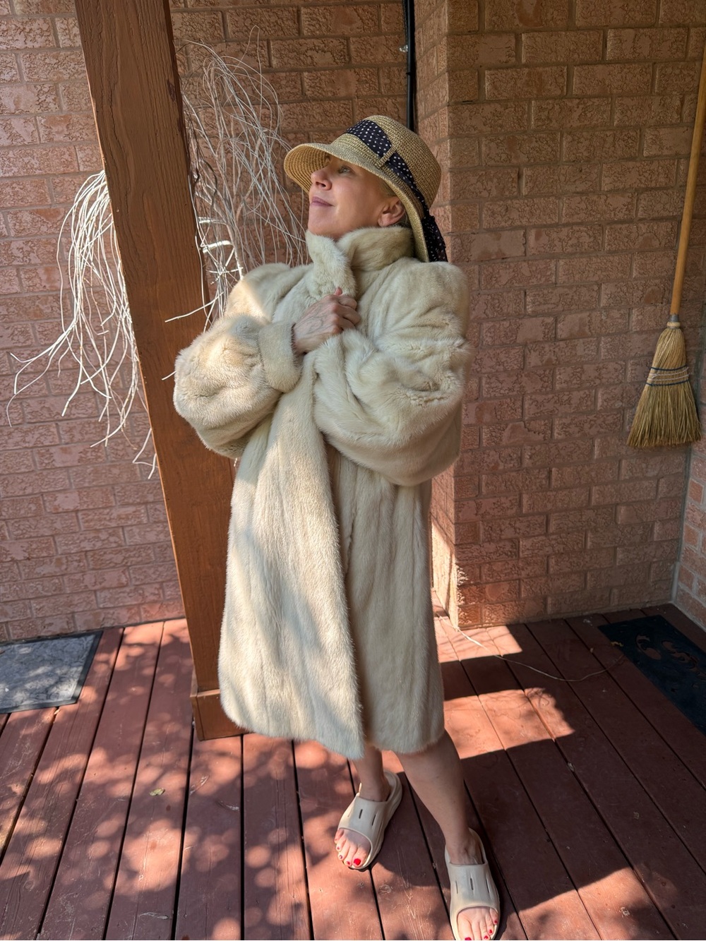 Women's Cream Real-Fur Longline Coat with High Collar